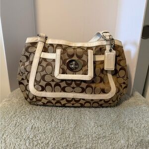 Coach Tan and Cream Signature Shoulder Bag